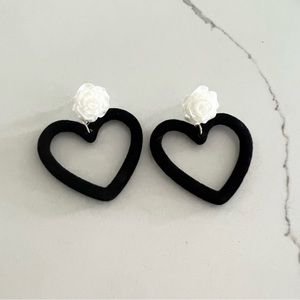 Statement Earrings Black Velvet heart White Rose